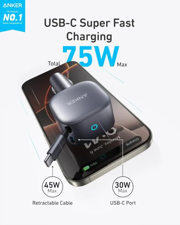 شارژر فندکی Anker75W Max A2738ha1 Car Charger — توان ۷۵ وات