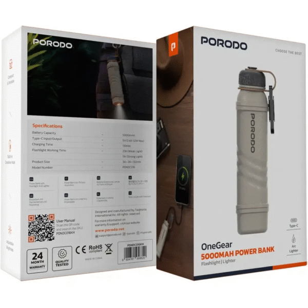 پاوربانک 5000 با فندک و چراغ قوه OneGear پرودو مدل — ظرفیت باتری ۵۰۰۰ میلیآمپر ساعت