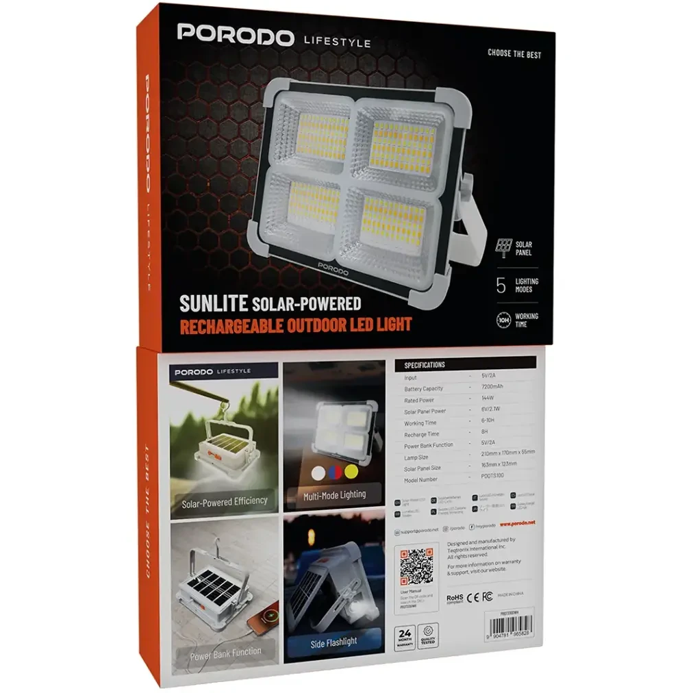 چراغ خورشیدی قابل شارژ Porodo Sunlite مدل PDQTS100WH — تصویر ۴
