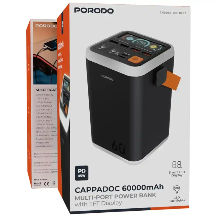 پاور بانک پرودو Porodo PBFCH4560 Power Bank — ظرفیت باتری ۶۰۰۰۰ میلیآمپرساعت