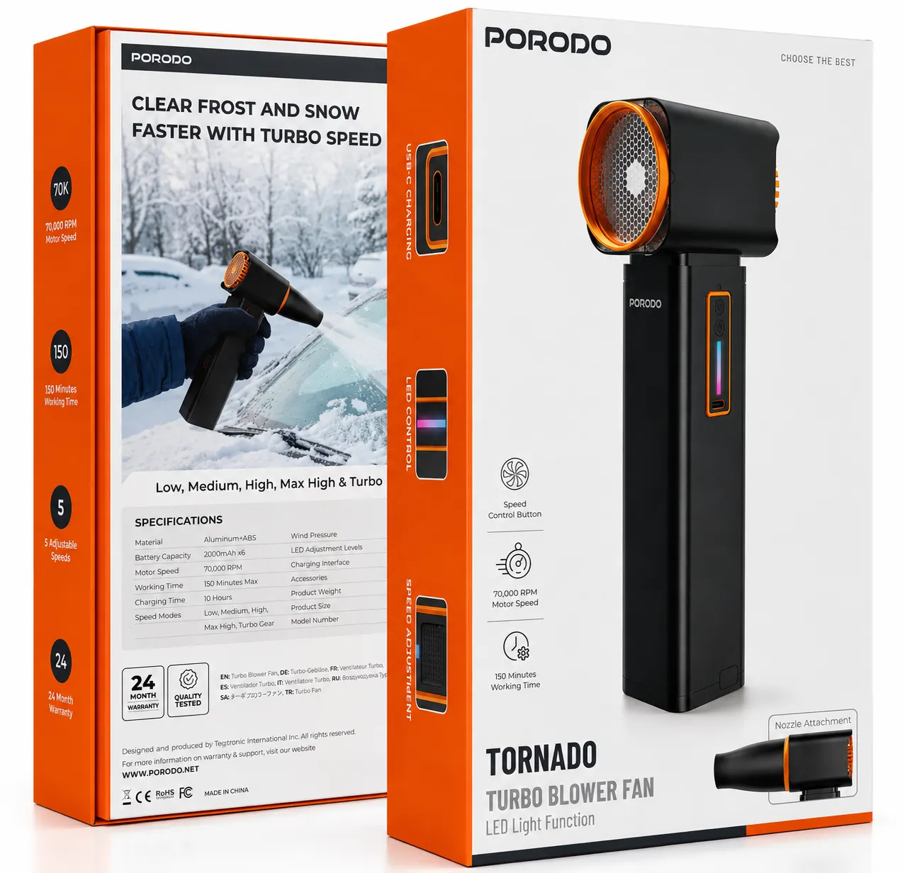 جت فن دمنده پورودو مدل Tornado PDMY96007BK — ظرفیت باتری ۱۲۰۰۰ میلیآمپرساعت