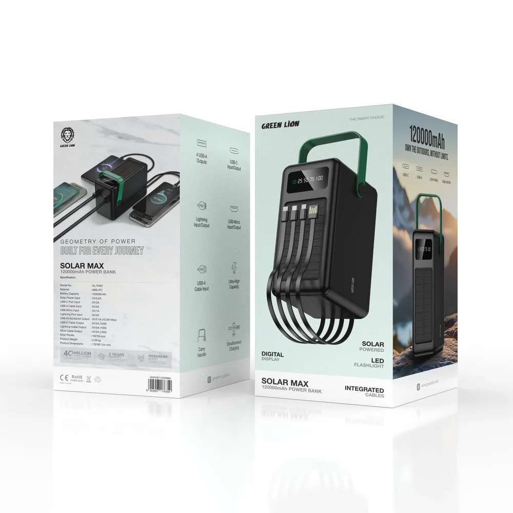 پاوربانک خورشیدی گرین لاین مدل Solar Max ظرفیت 120000mAh و 4 کابل متصل